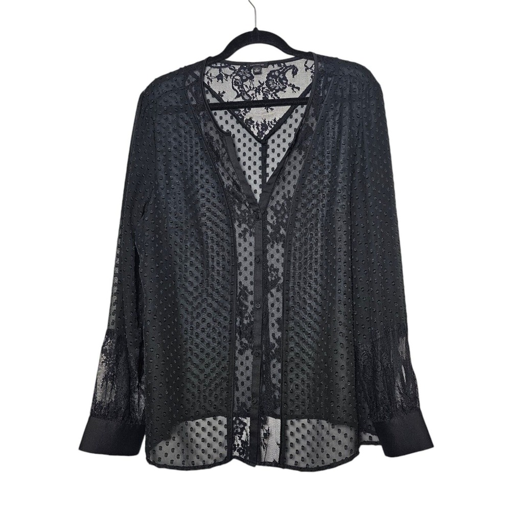 Ann Taylor XL Black Blouse Shear Lace Swiss Dot Polka Dot Fairy Goth Career Work